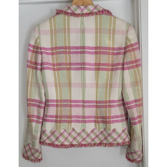 Vintage Carlisle Tweed Plaid Blazer Jacket Pink Green Cotton Silk Wool Size 8 - Picture 2 of 3